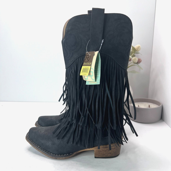 Roper Smooth Fringe Western Cowboy Boots Faux Leather Black Women's 5.5 NWOB - Picture 1 of 9